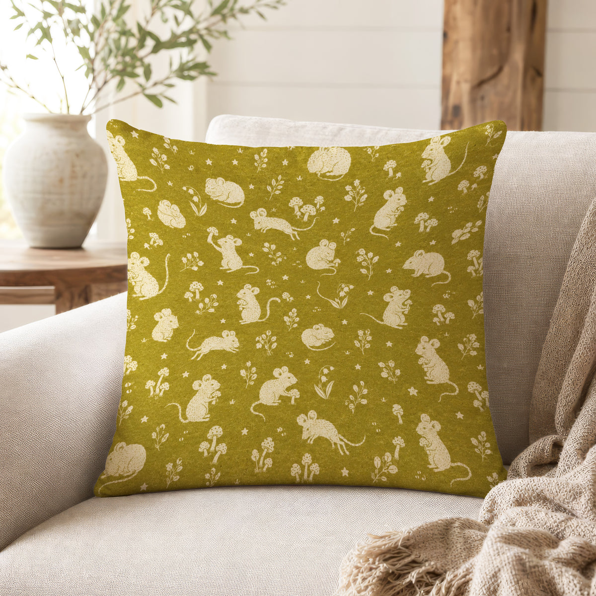 Meadow Mice – Mustard Woodland Pillow