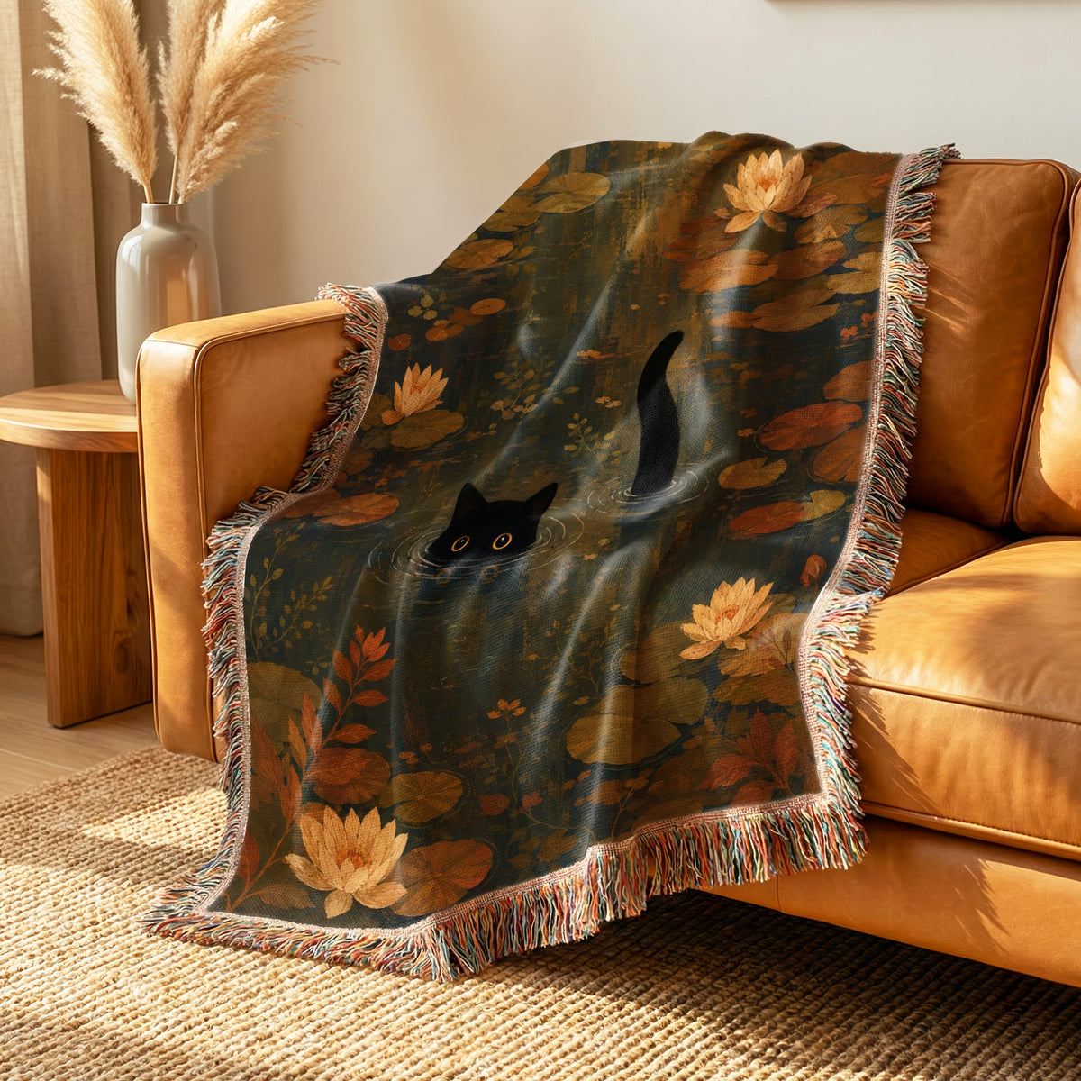 Autumn Lily Pond Black Cat Blanket