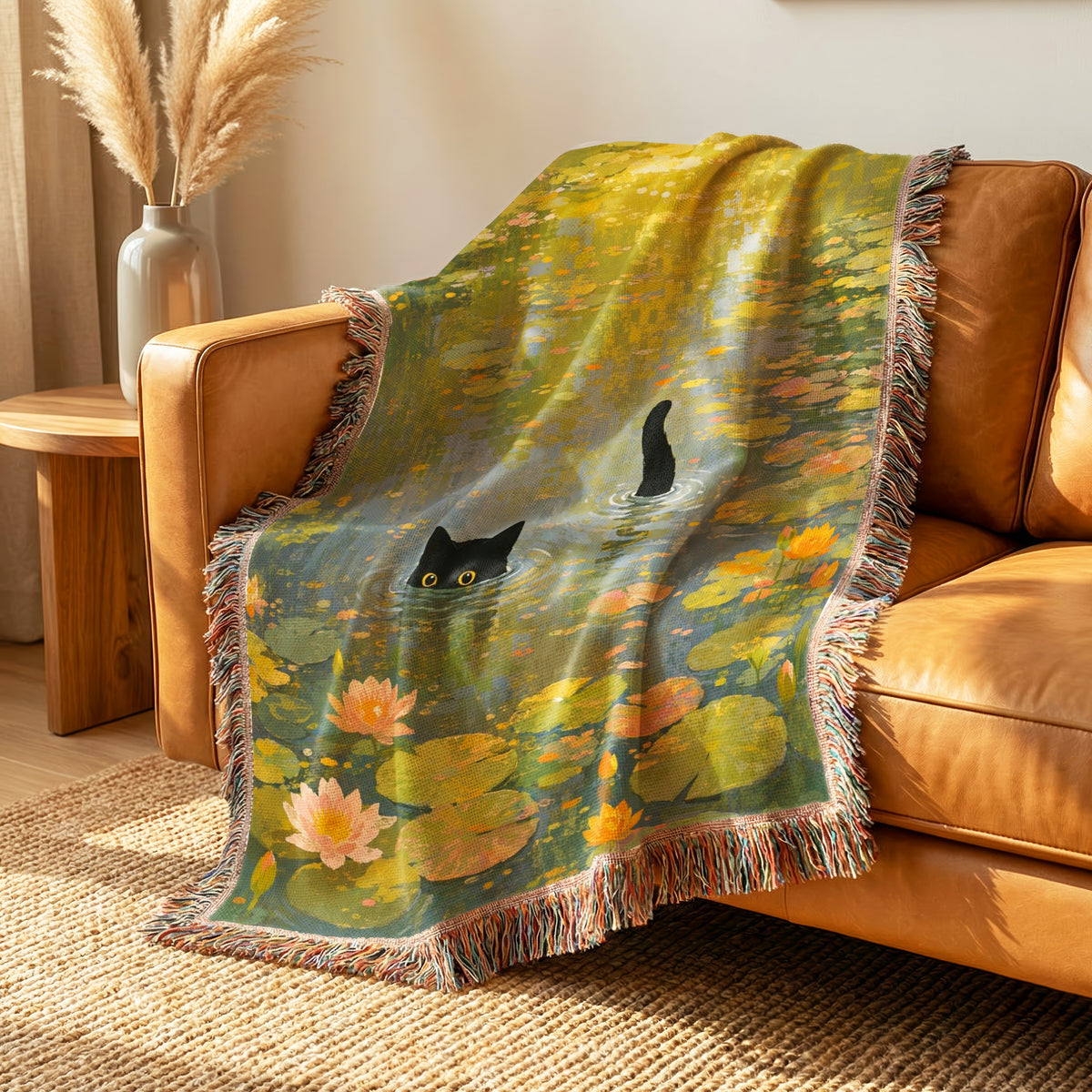 Sunlit Lily Pond Black Cat Blanket