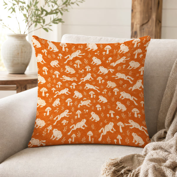 Frogs & Toadstools – Orange Woodland Pillow