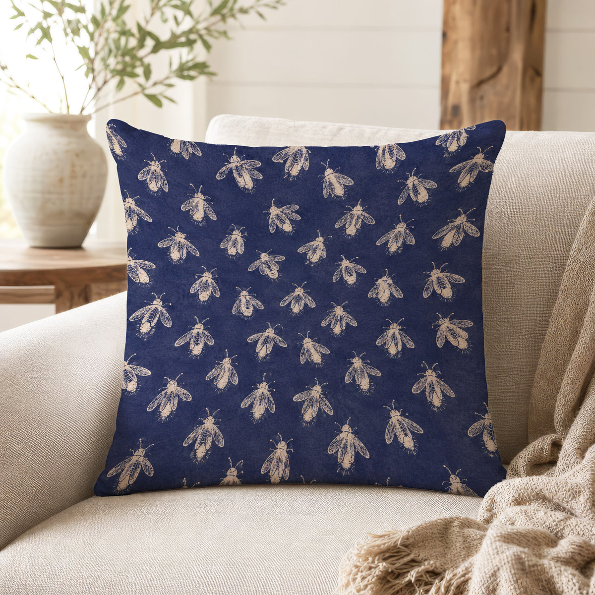 Midnight Bees – Navy Botanical Pillow