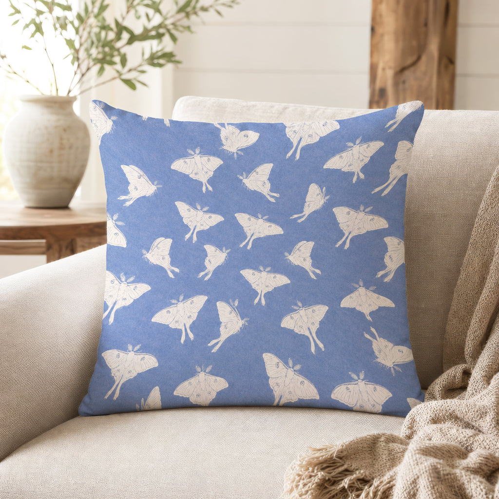 Luna Moths – Dusty Blue Botanical Pillow
