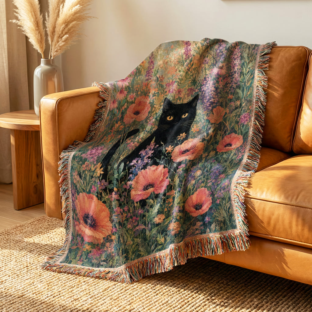 Poppy Meadow Black Cat Blanket