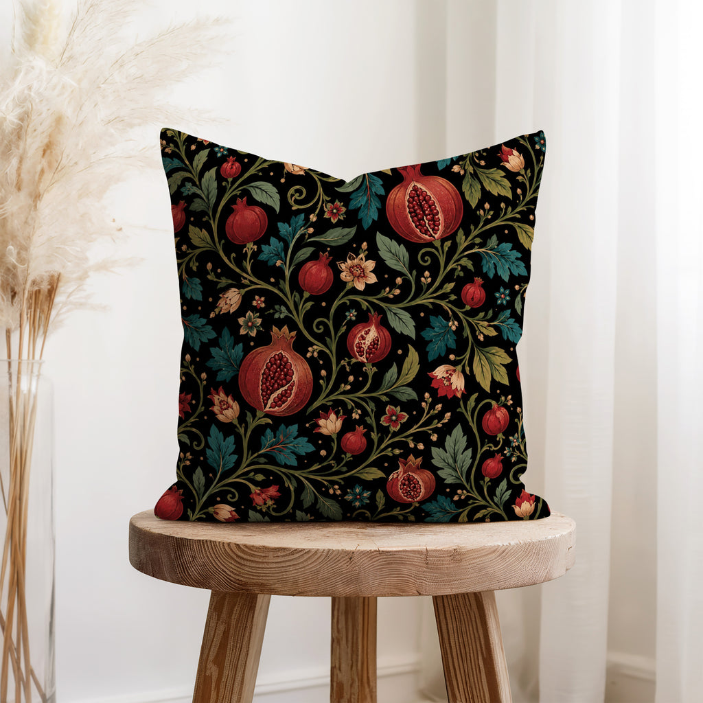 Midnight Pomegranate Vine – Dark Botanical Floral Pillow