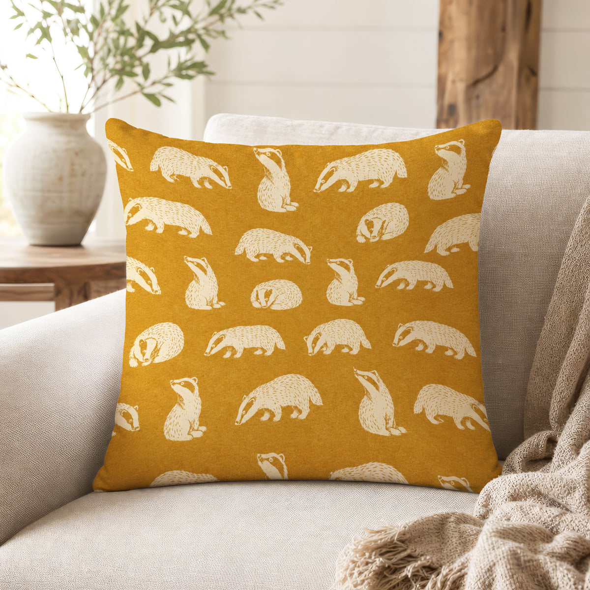 Woodland Badgers – Mustard Animal Pillow