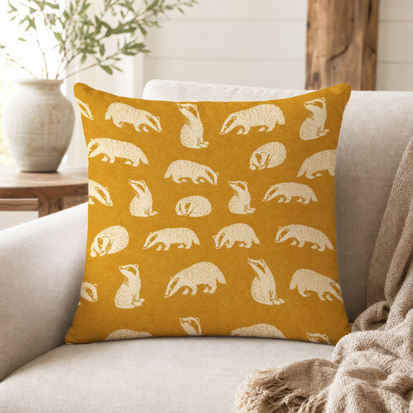 Woodland Badgers – Mustard Animal Pillow
