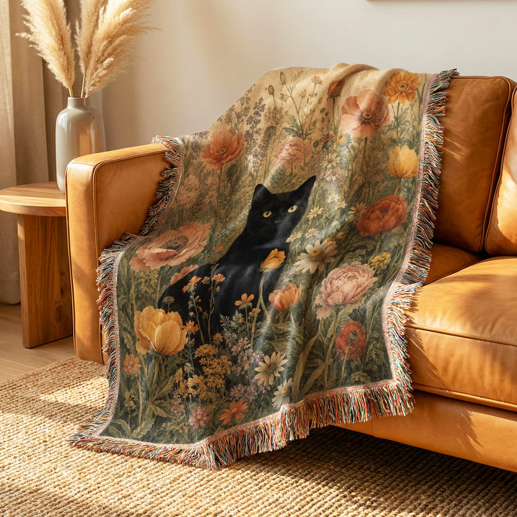 Vintage Poppy Garden Black Cat Blanket