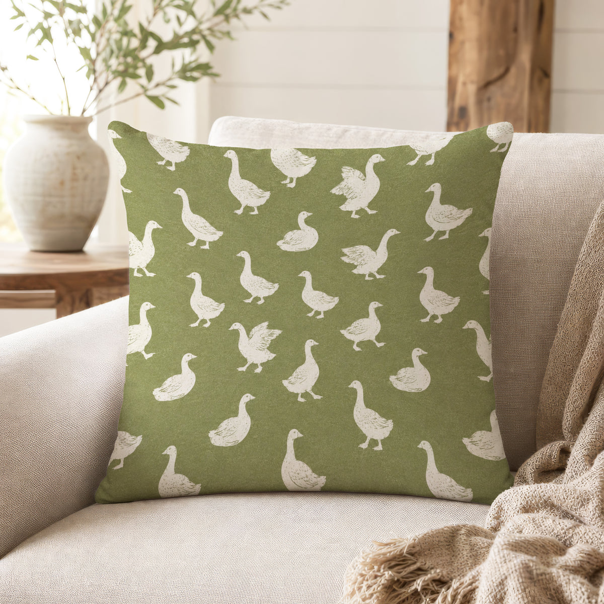 Country Geese – Sage Green Farmhouse Pillow