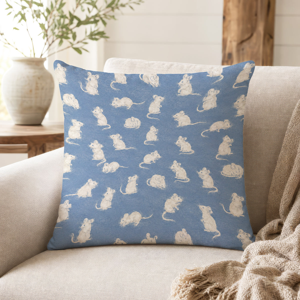 Little Mice – Dusty Blue Woodland Pillow