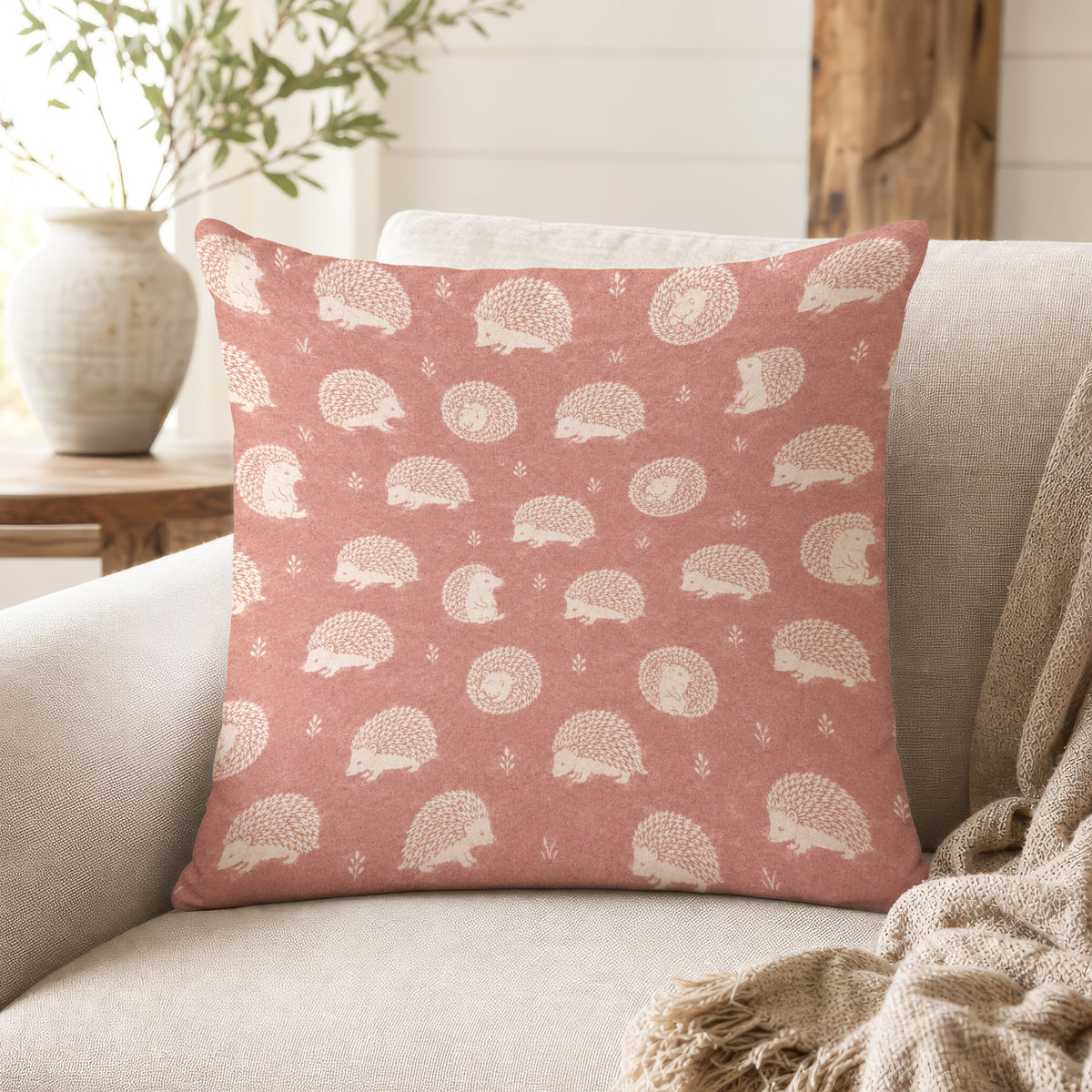Hedgehog Meadow – Dusty Rose Woodland Pillow
