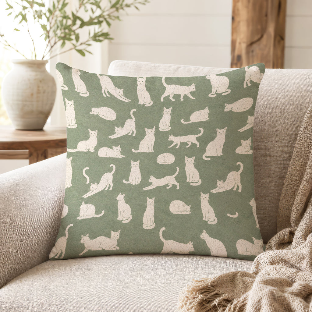 Little Cats – Sage Green Cat Pillow