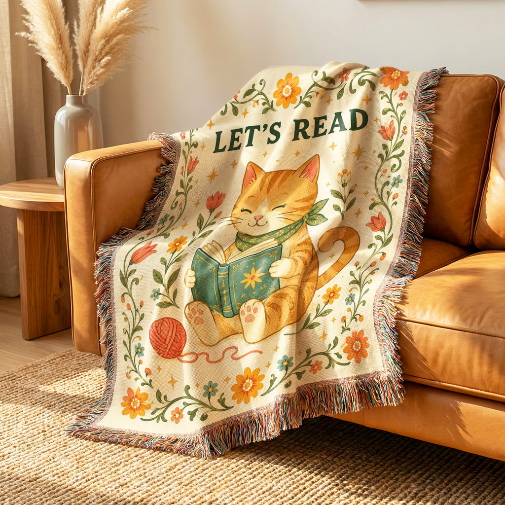 Let's Read Cozy Cat Book Lover Blanket