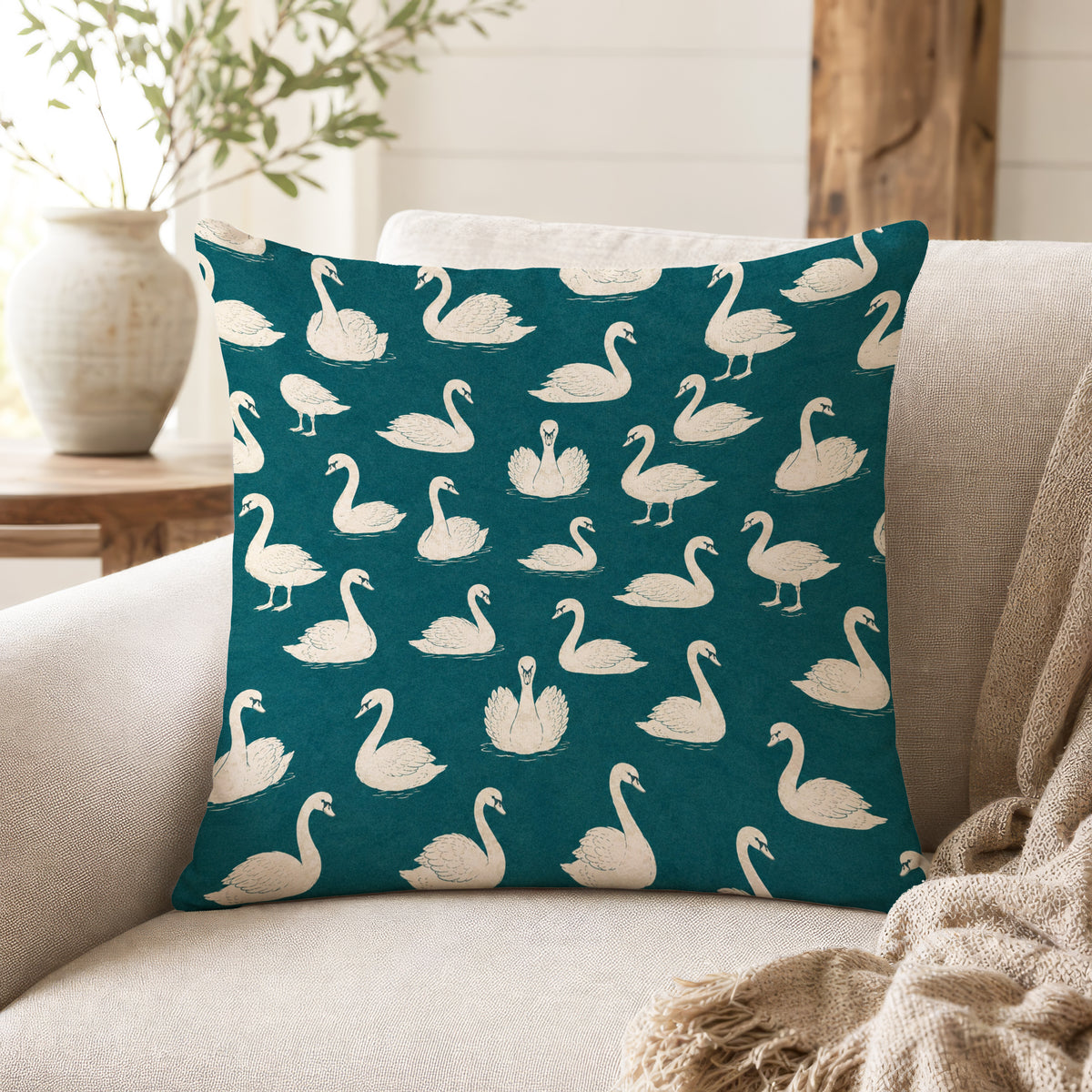 Teal Swan Lake – Elegant Swan Pillow