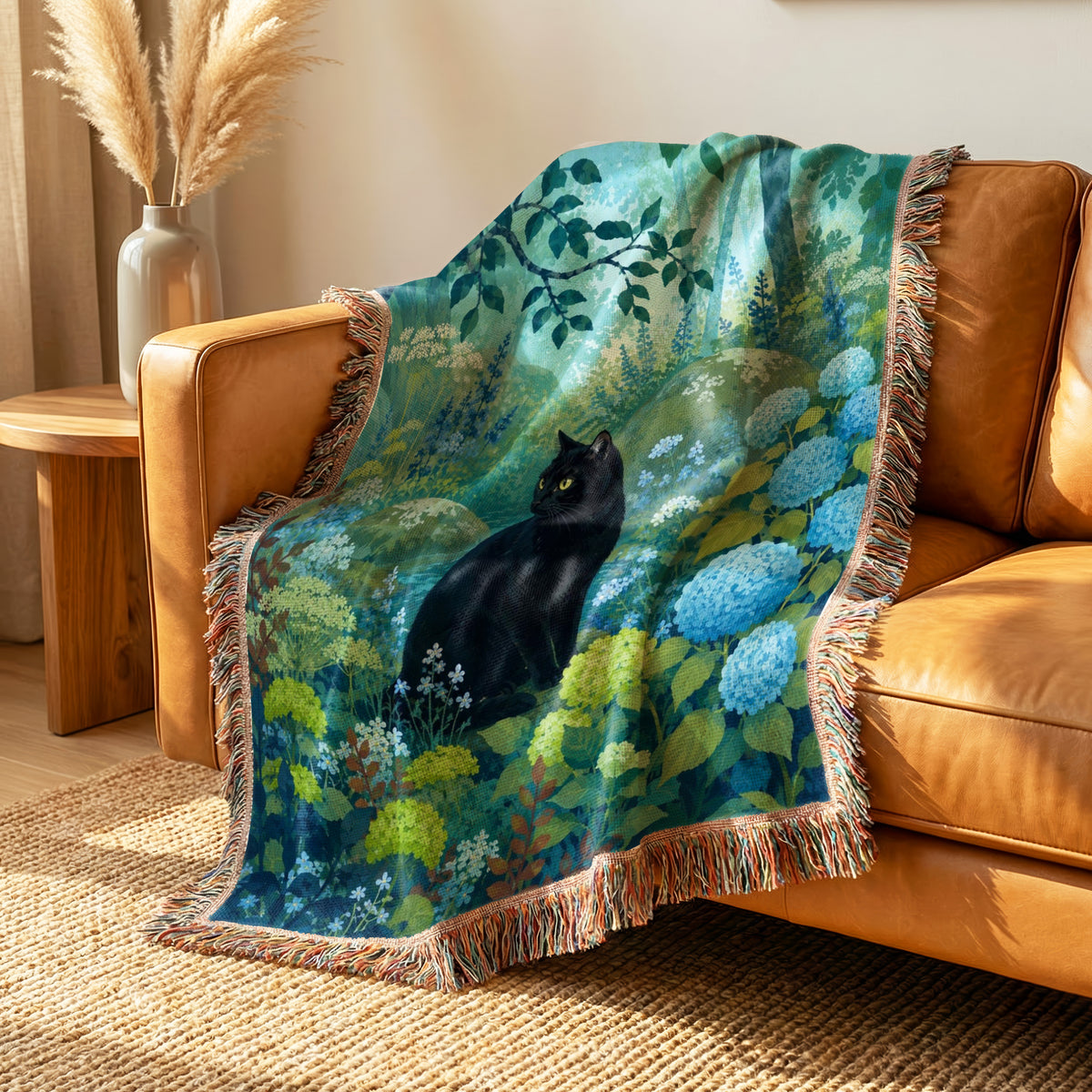 Blue Hydrangea Forest Black Cat Blanket