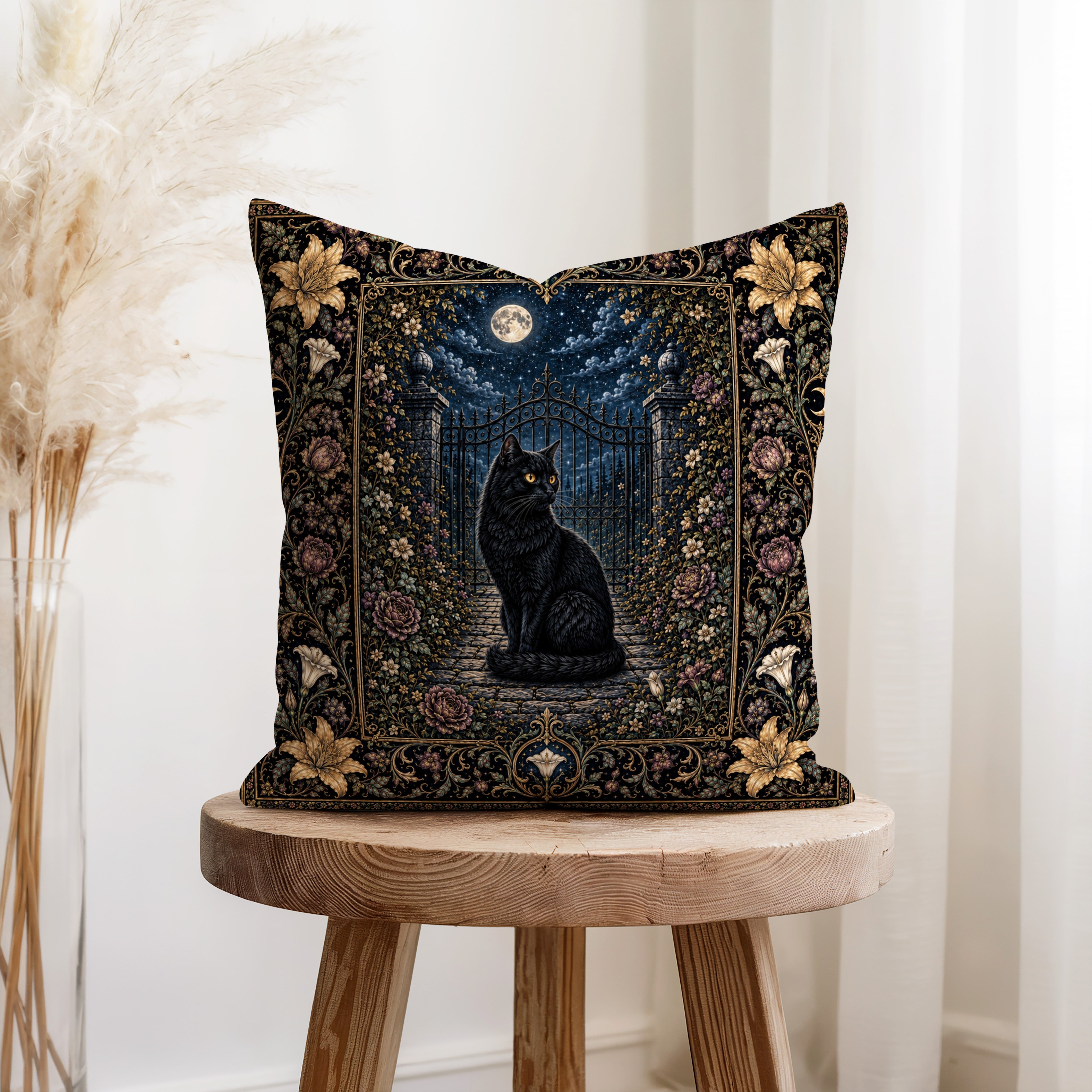 The Midnight Gatekeeper – Black Cat Gothic Pillow Secondary image