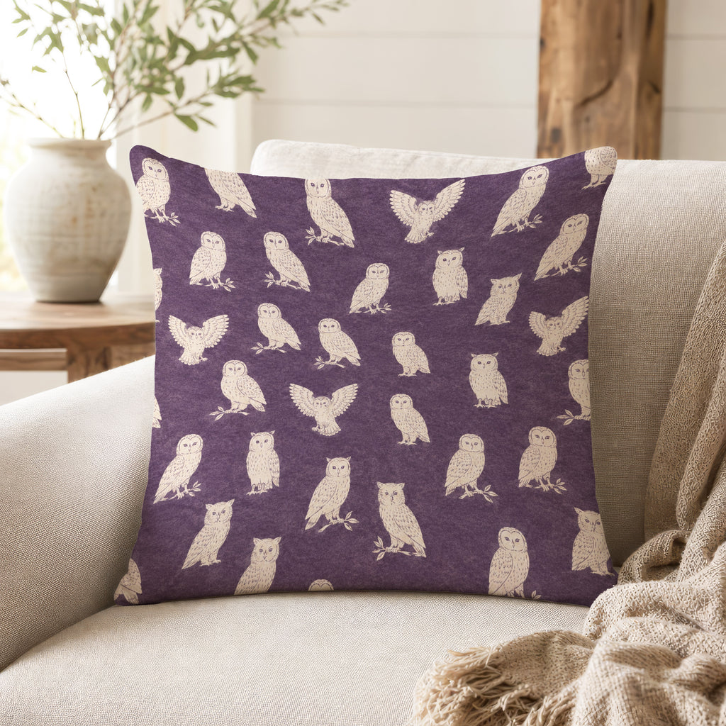 Twilight Owls – Purple Woodland Pillow