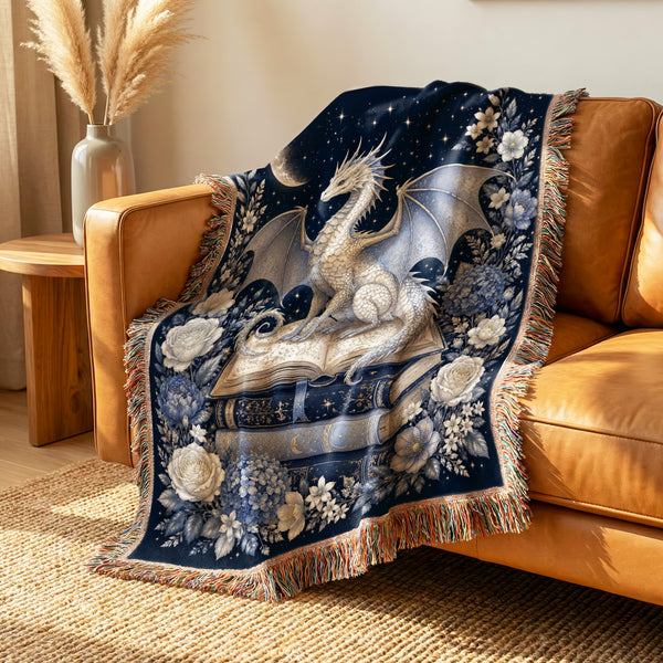 Silver Moon Dragon & Books Blanket