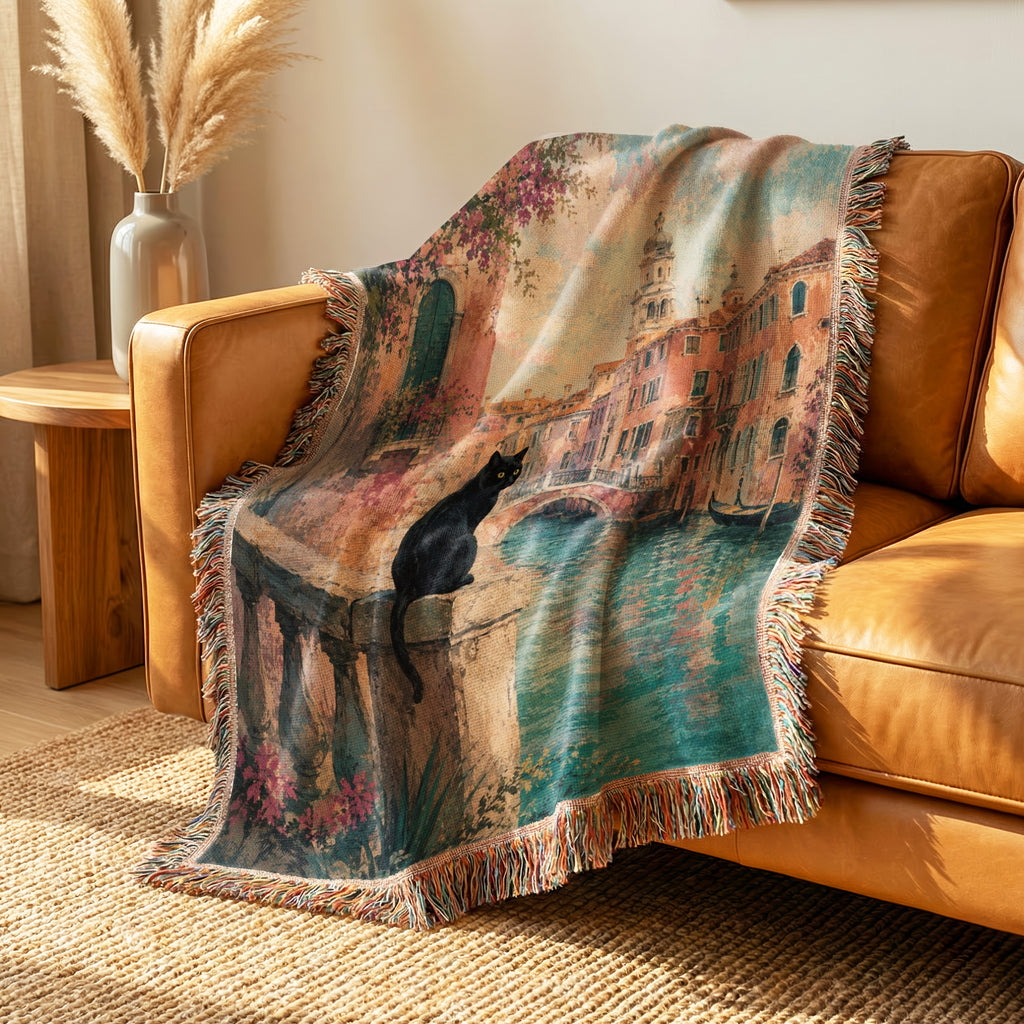 Venetian Canal Black Cat Blanket