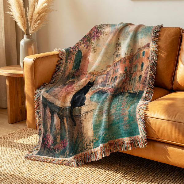 Venetian Canal Black Cat Blanket