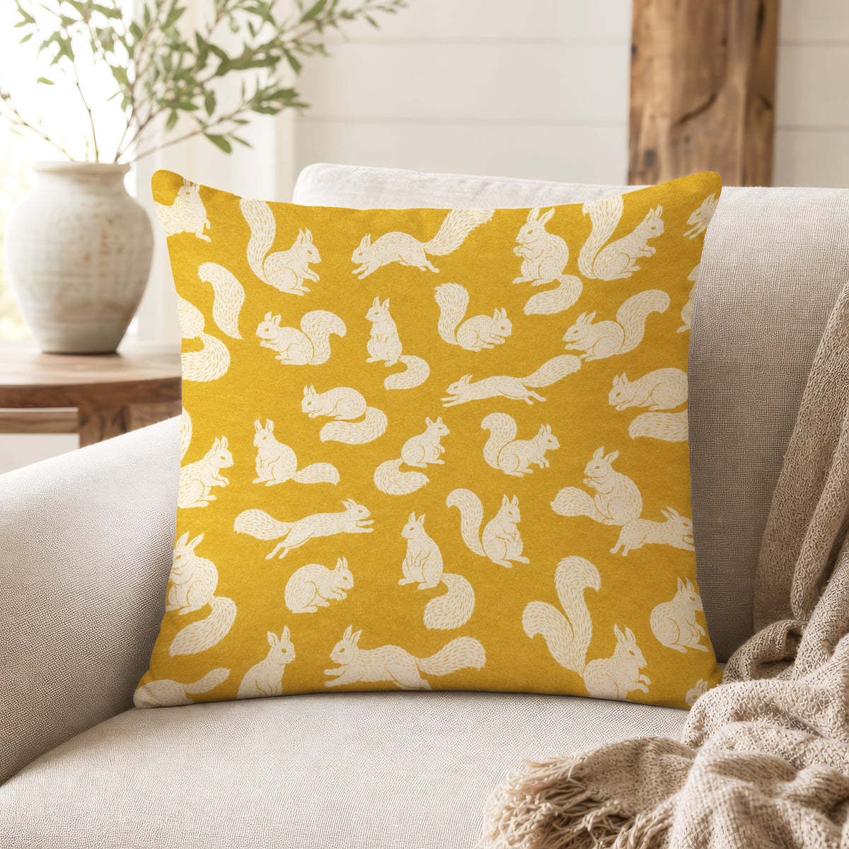 Golden Squirrels – Mustard Woodland Pillow