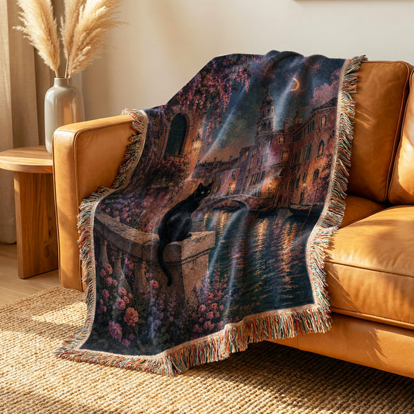 Moonlit Venice Black Cat Blanket