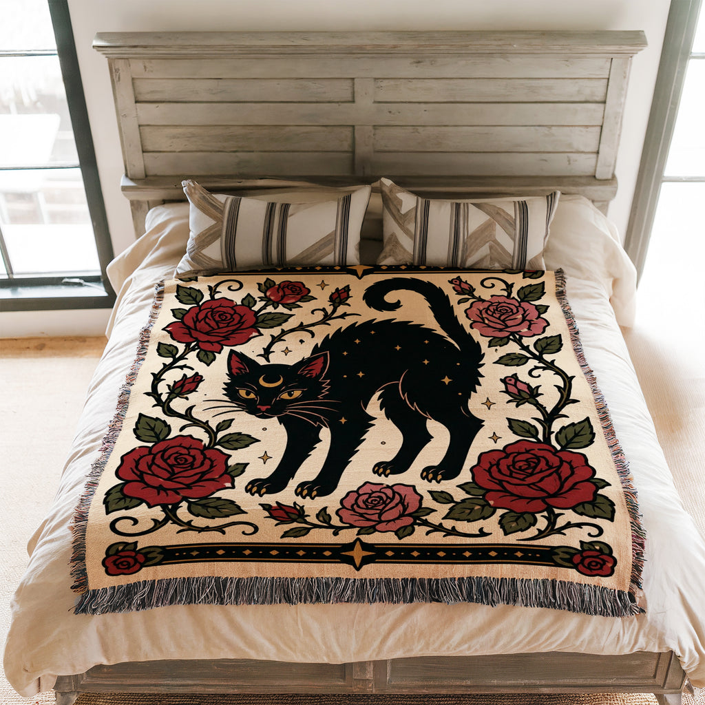 Black Cat & Roses Folk Blanket