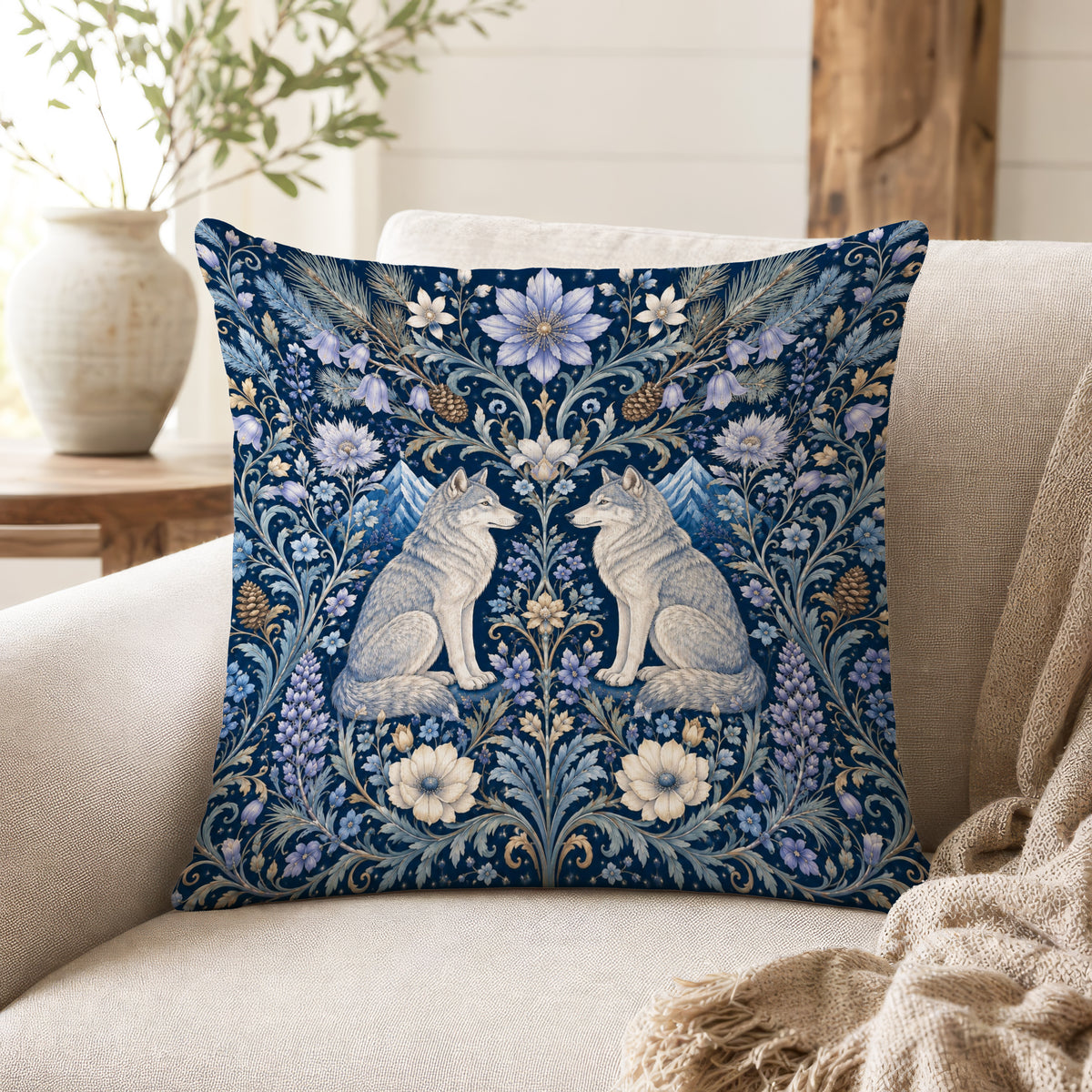 Moonlit Wolves – Blue Botanical Woodland Pillow