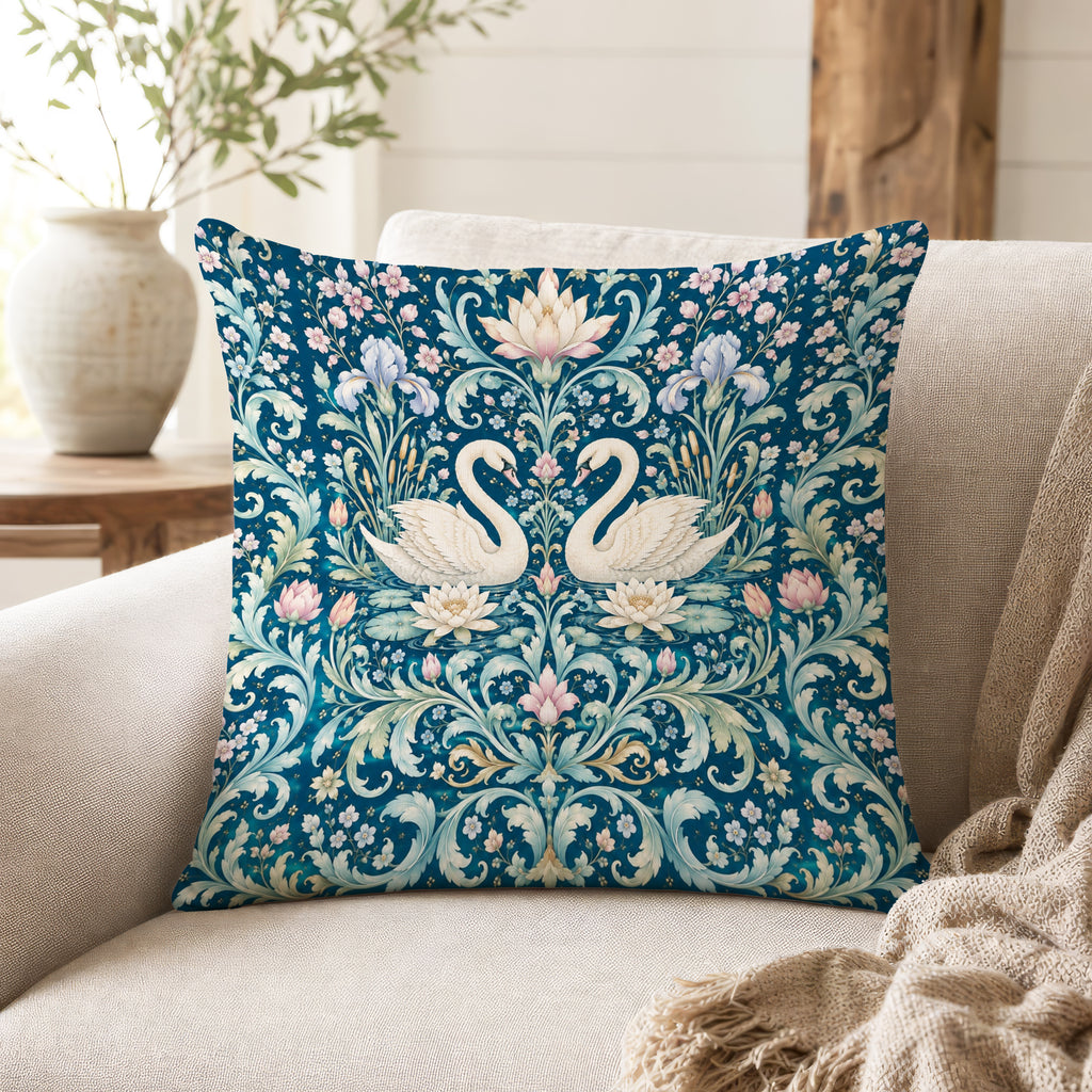Swan Garden – Ornate Floral Bird Pillow