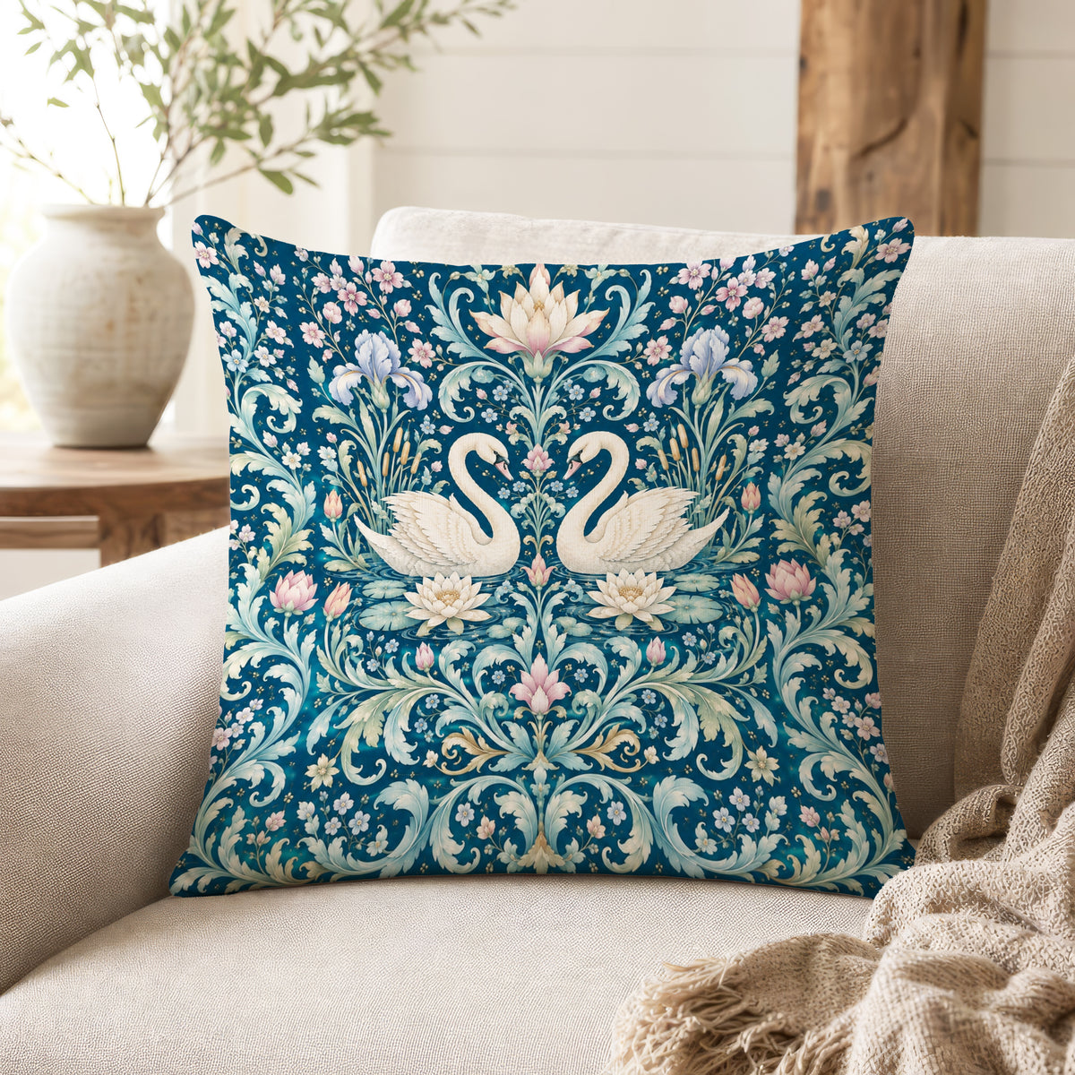 Swan Garden – Ornate Floral Bird Pillow