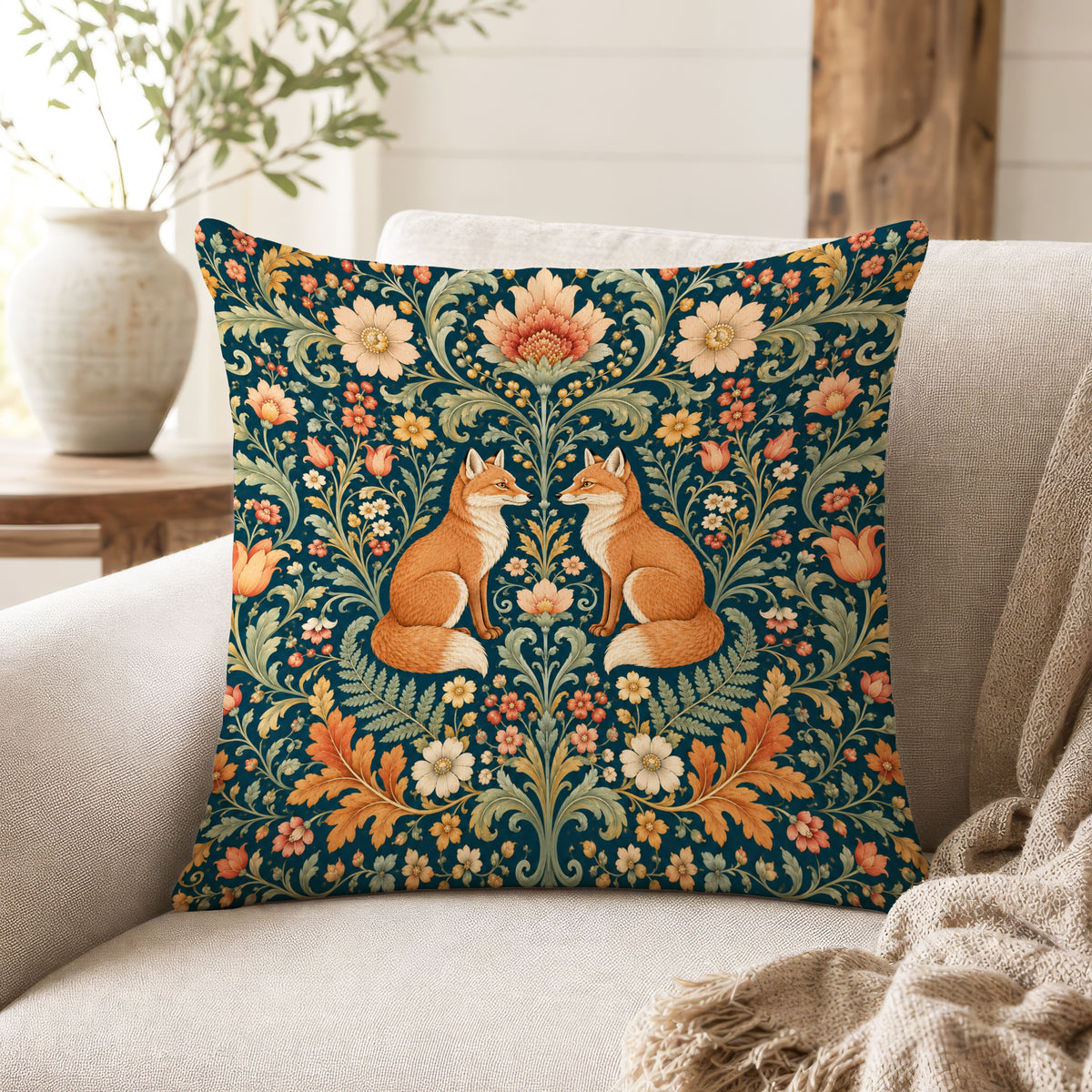 The Fox Garden – Ornate Woodland Floral Pillow