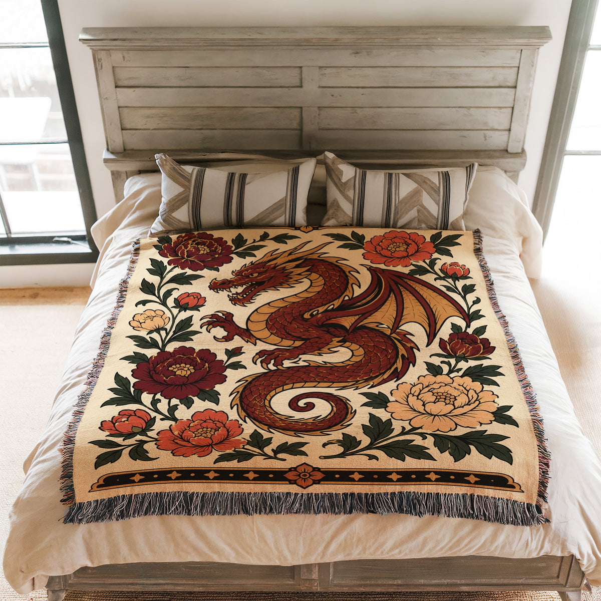 Crimson Dragon & Peonies Blanket