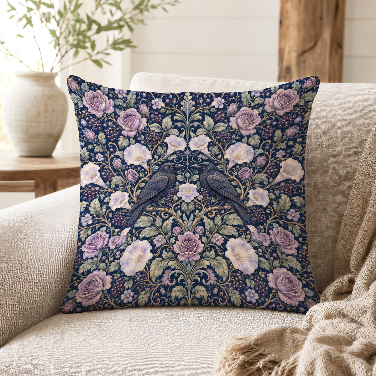 Raven Rose Garden – Dark Botanical Pillow