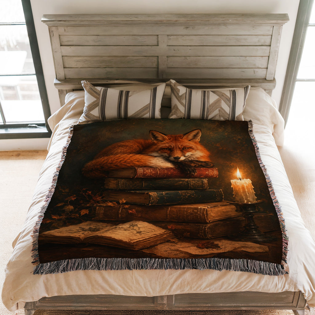 Candlelit Fox & Antique Books Blanket