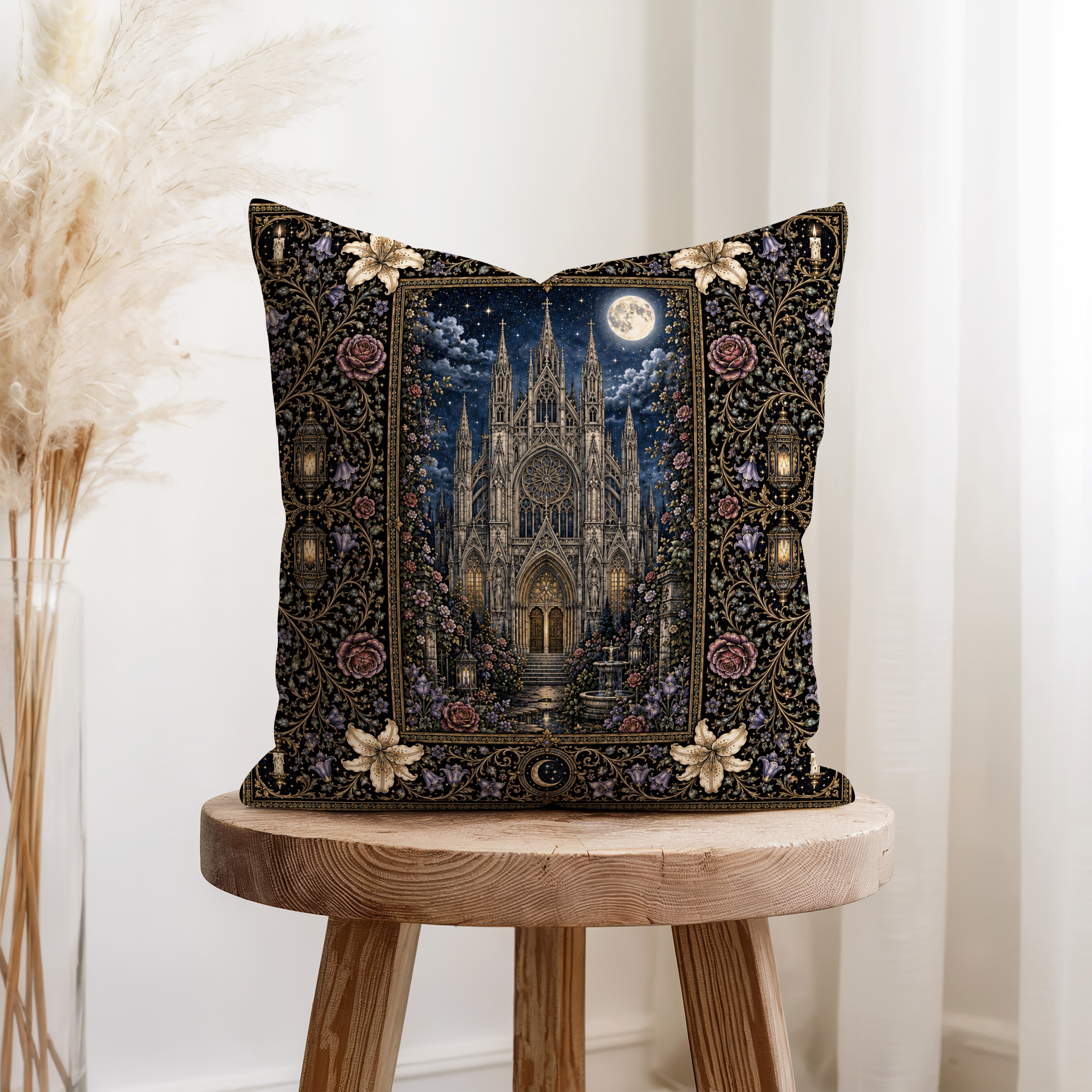 Cathedral Under Moonlight – Gothic Floral Pillow Secondary image