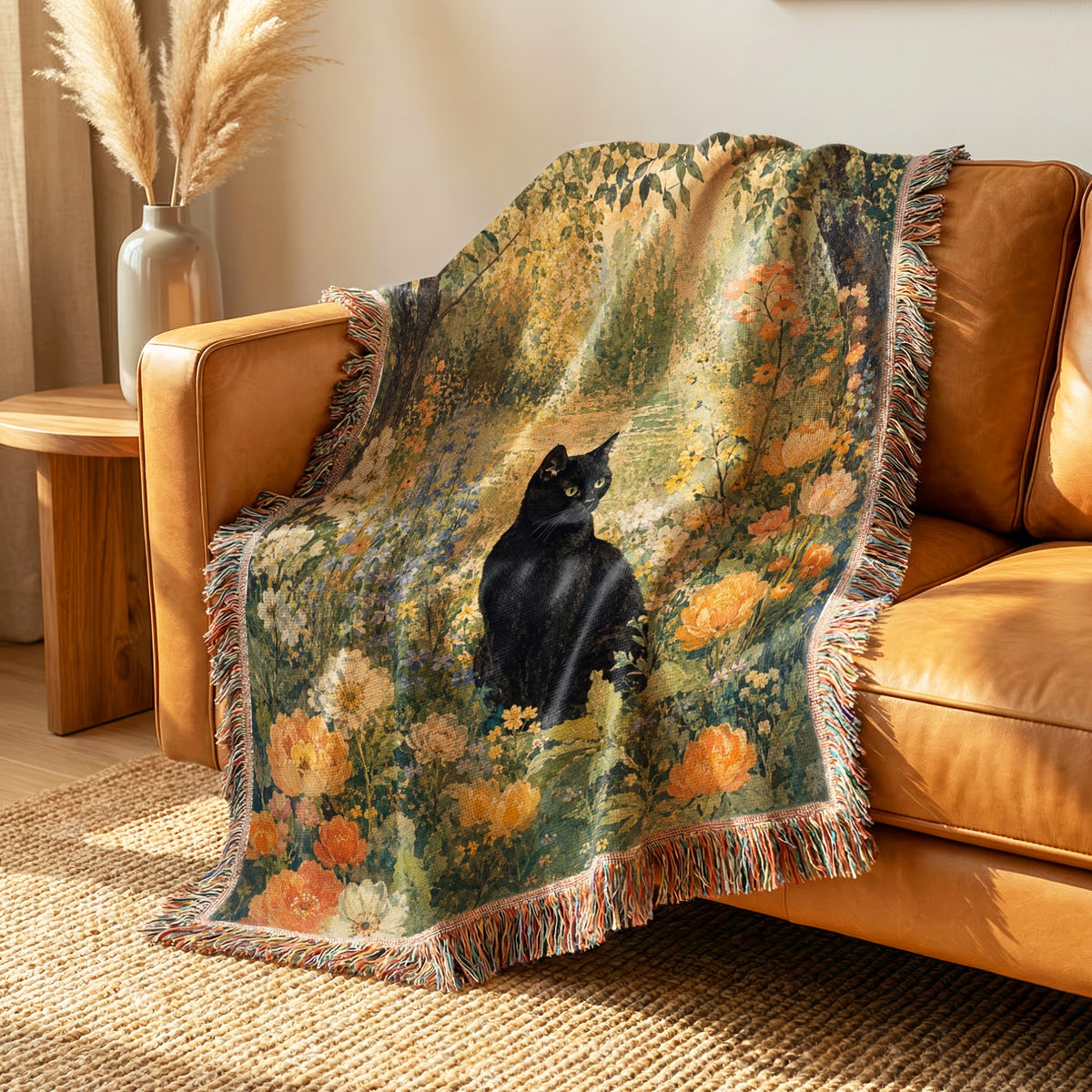 Golden Woodland Black Cat Blanket