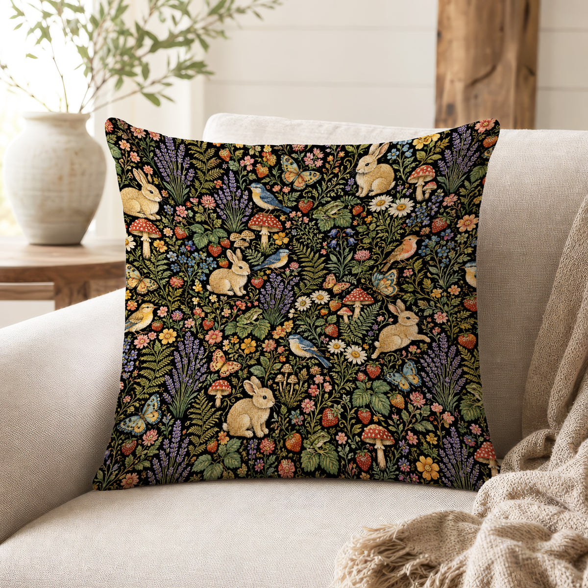 Black Forest Menagerie – Rabbit & Mushroom Pillow