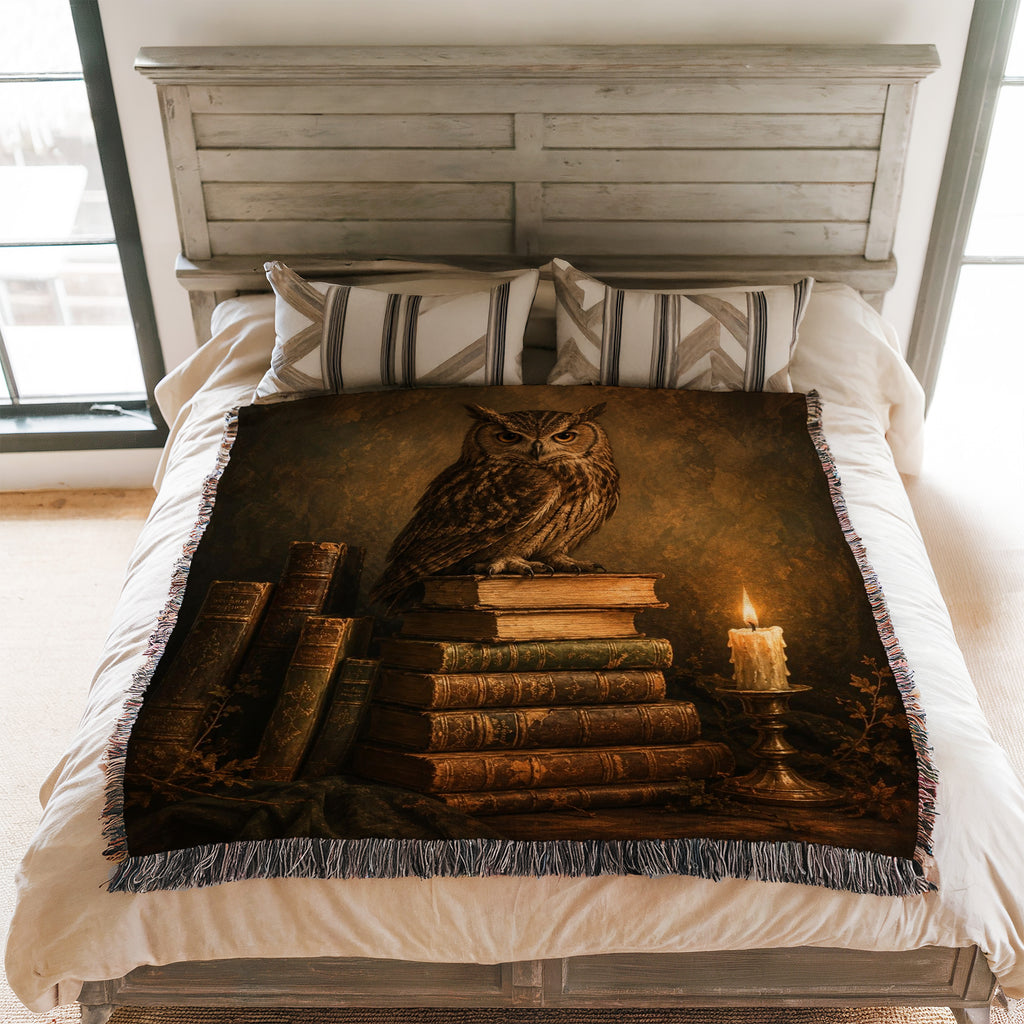 Candlelit Owl & Antique Books Blanket