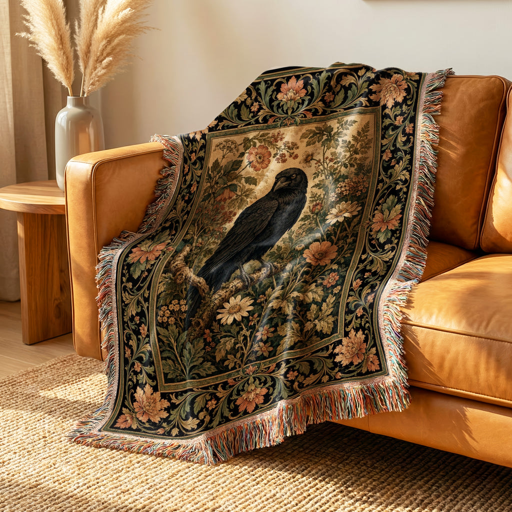 Vintage Raven Floral Tapestry Blanket