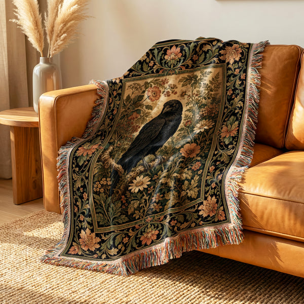 Vintage Raven Floral Tapestry Blanket
