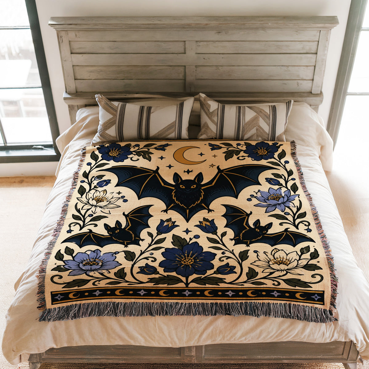 Moonlit Bats & Blue Flowers Blanket