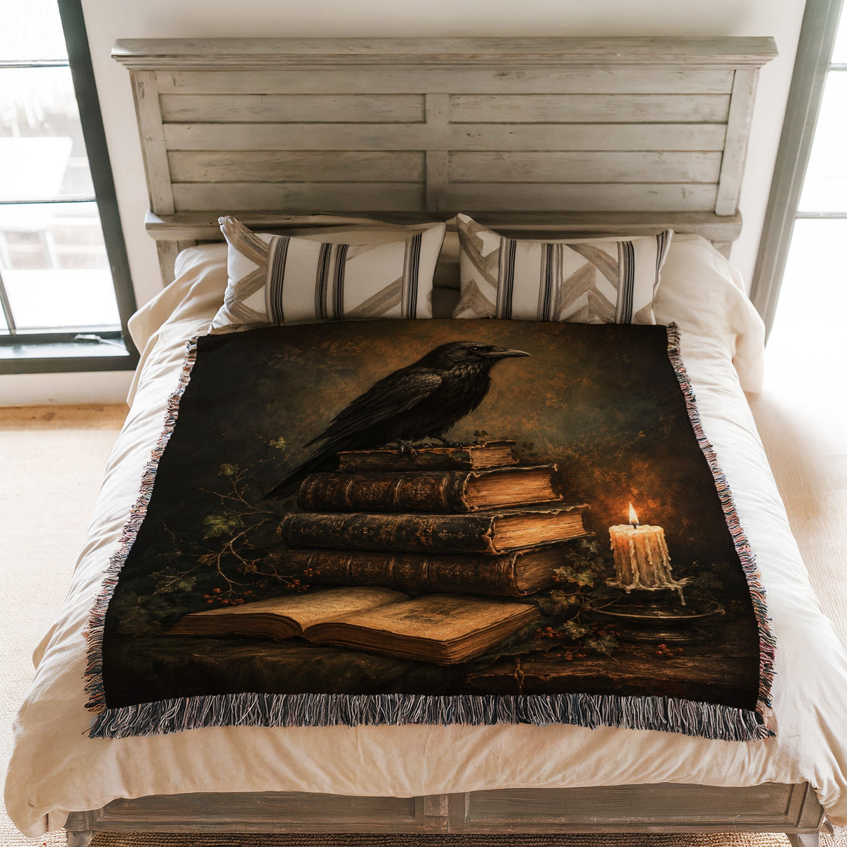 Candlelit Raven & Antique Books Blanket