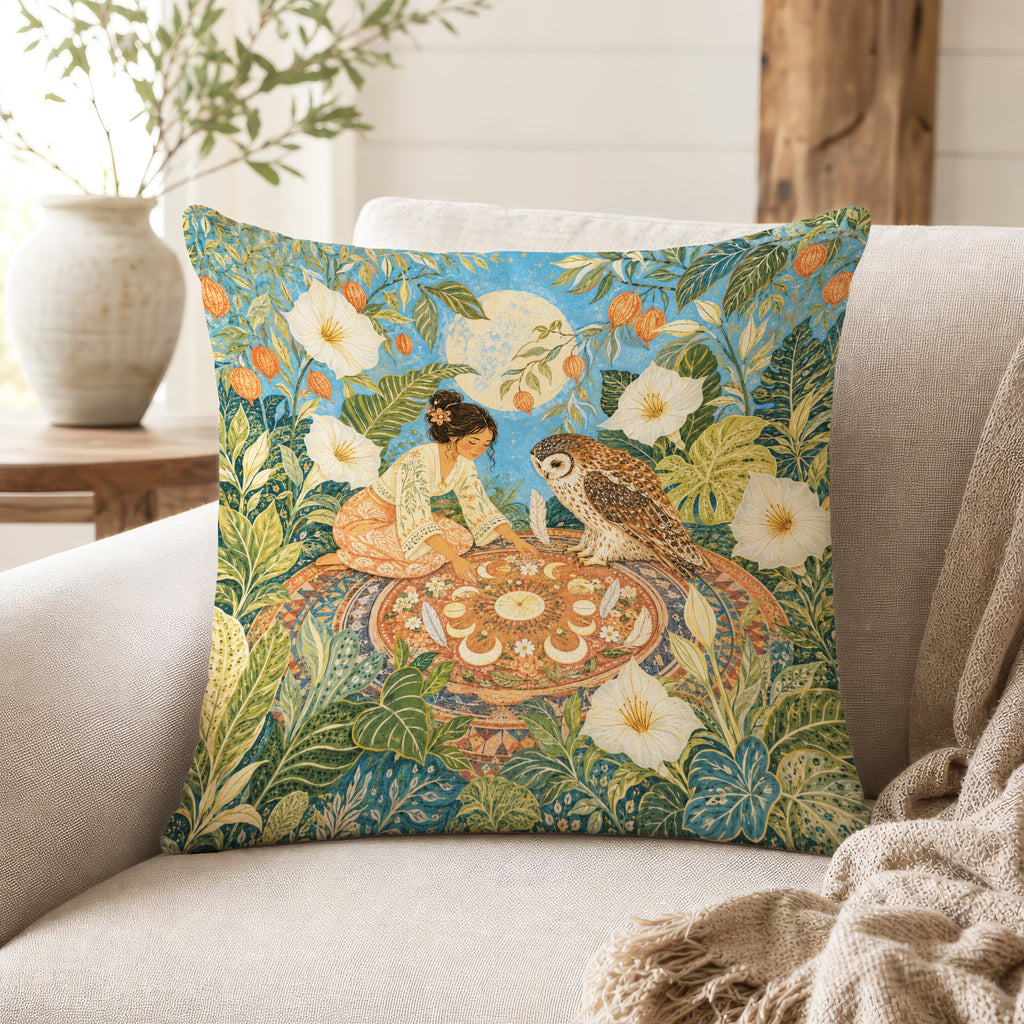 The Moonlit Owl Garden – Botanical Fantasy Pillow