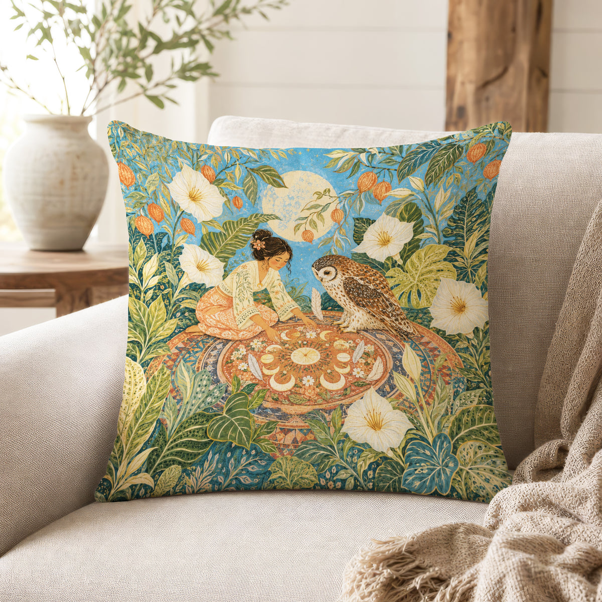 The Moonlit Owl Garden – Botanical Fantasy Pillow