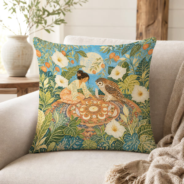 The Moonlit Owl Garden – Botanical Fantasy Pillow