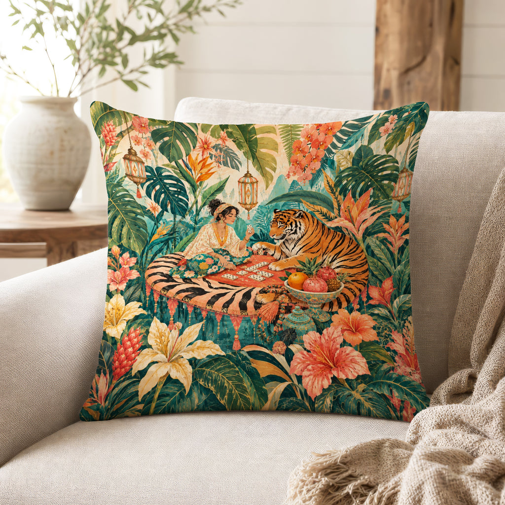 The Tiger’s Card Table – Tropical Fantasy Pillow