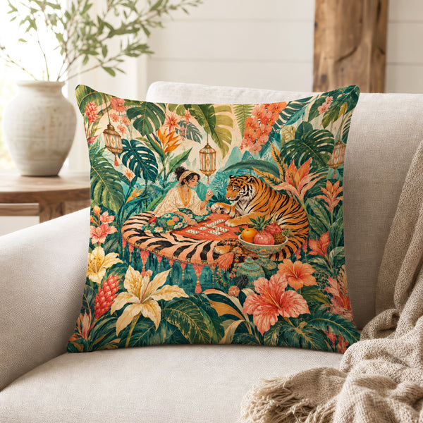 The Tiger’s Card Table – Tropical Fantasy Pillow