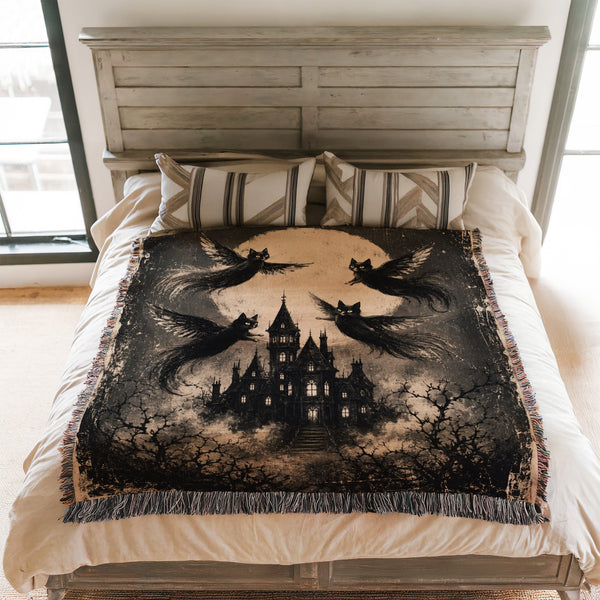 Winged Black Cats Over the Manor Blanket