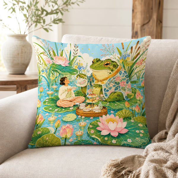 Tea with the Frog – Whimsical Pond Pillow