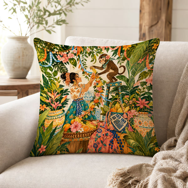Monkey Garland Garden – Tropical Storybook Pillow