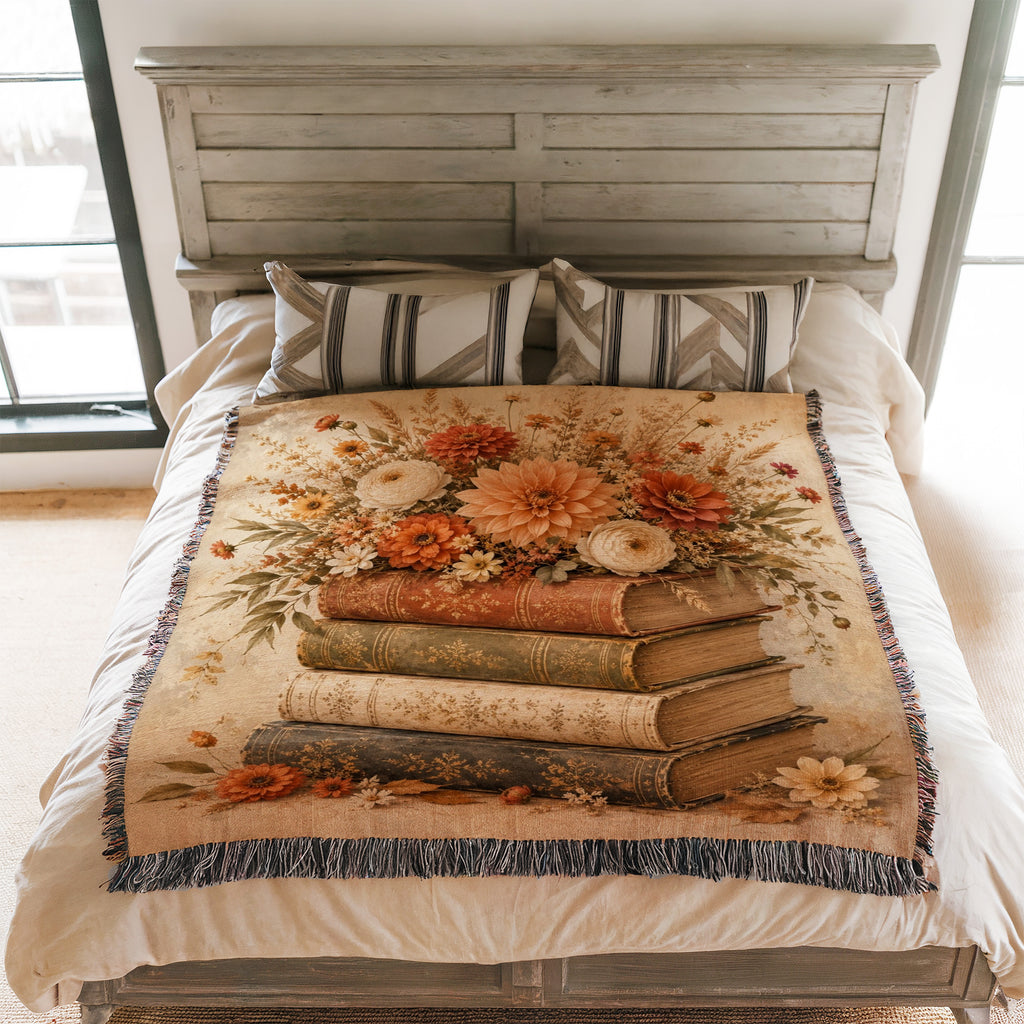 Autumn Flowers & Vintage Books Blanket